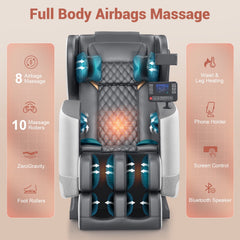 Zero Gravity Full Body Massage Chair with 10 Fixed Rollers, Soothing Heat Function, Deep-Kneading Foot Massager, Bluetooth Speakers, Gray