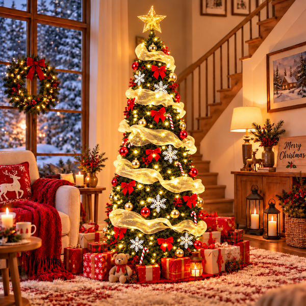 6FT Pre Lit Pop Up Christmas Tree,Pre-Decorated Artificial Tree,Gold Surround Ribbon,Easy Assemble Collapsible Xmas Trees for Holiday Party Decoration