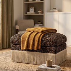 Leopard Print Chenille Modular Ottoman, Upholstered Footrest with Tassel Trim