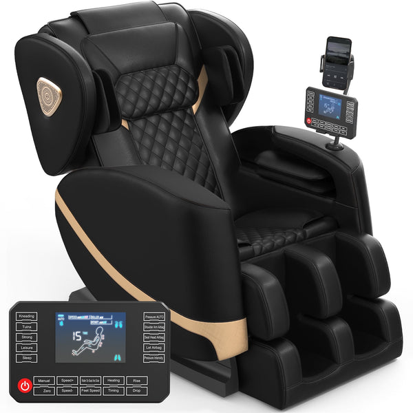 Zero Gravity Full Body Massage Chair with 10 Fixed Rollers, Soothing Heat Function, Deep-Kneading Foot Massager, Bluetooth Speakers, Black